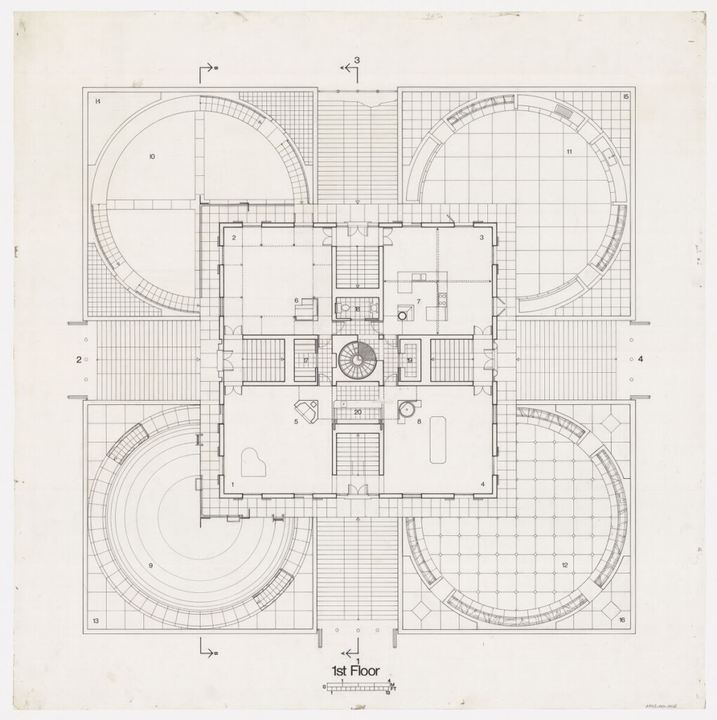 Ink drawing of country house first floor plan.