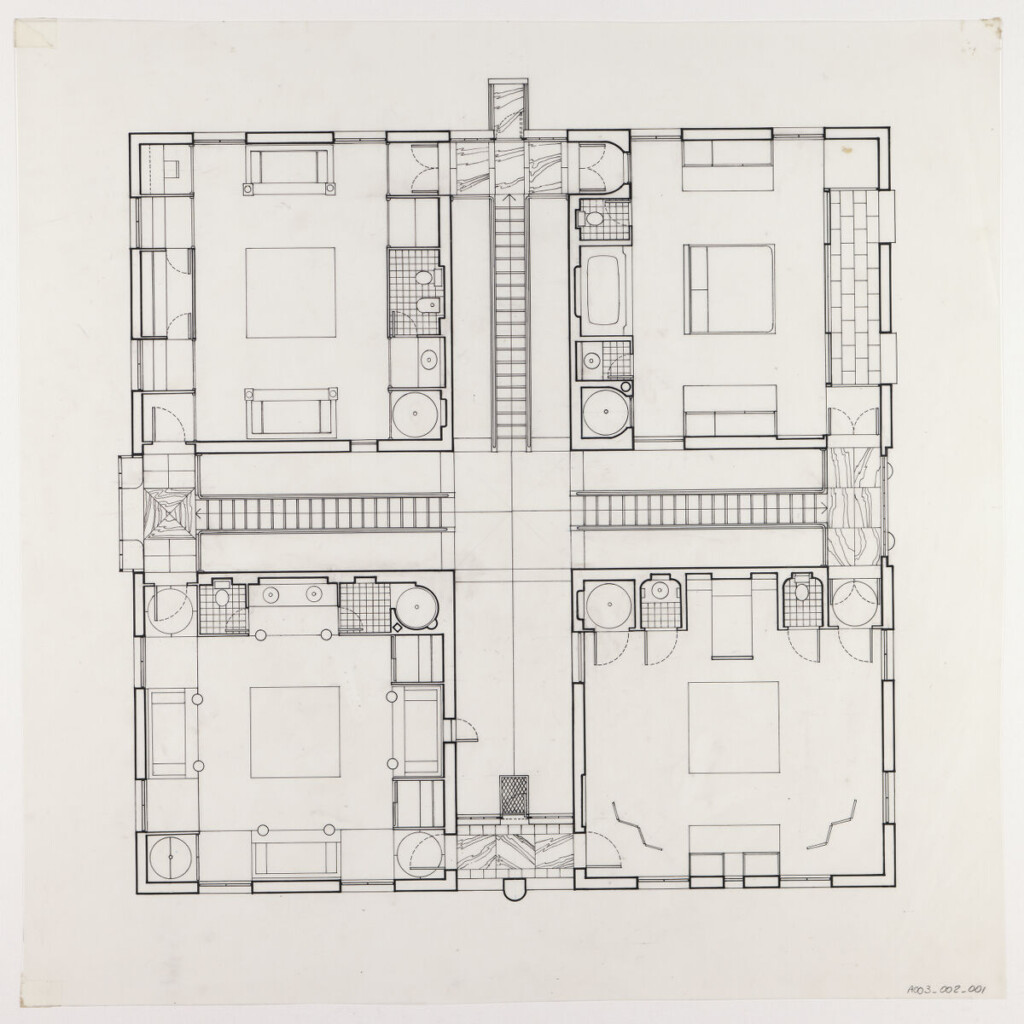 Ink drawing of country house second floor plan.