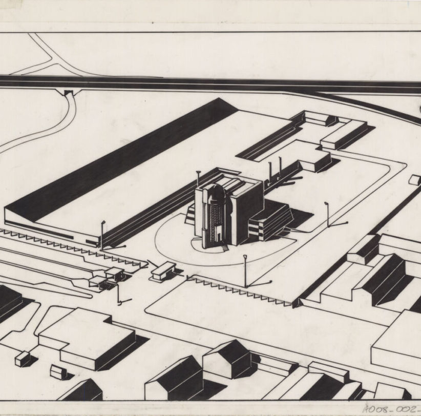 DOM New Headquarters exterior birds eye perspective.