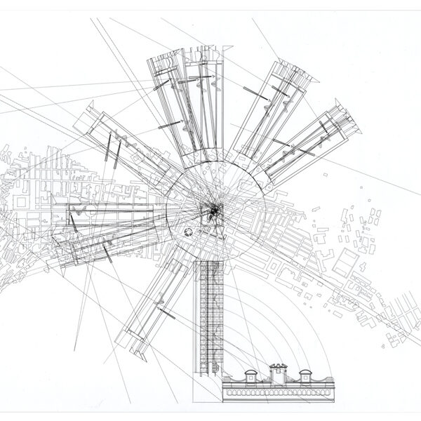 cropped black and white image of multiple section drawings of the project four plazas for leonforte, arranged polarly around a plan of the project, all overlayed a site plan of the project.