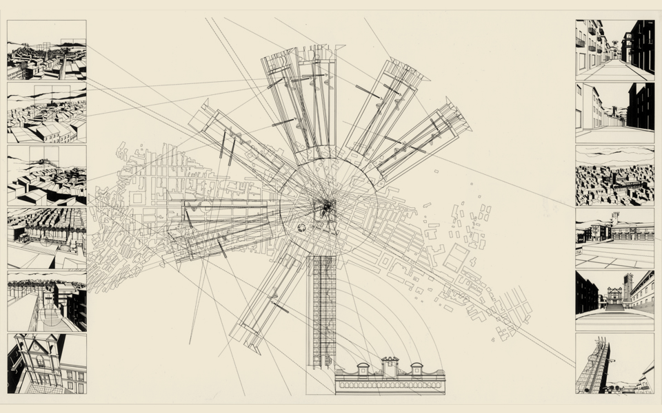 Ink drawing of Four Plazas for Leonforte Vignettes.
