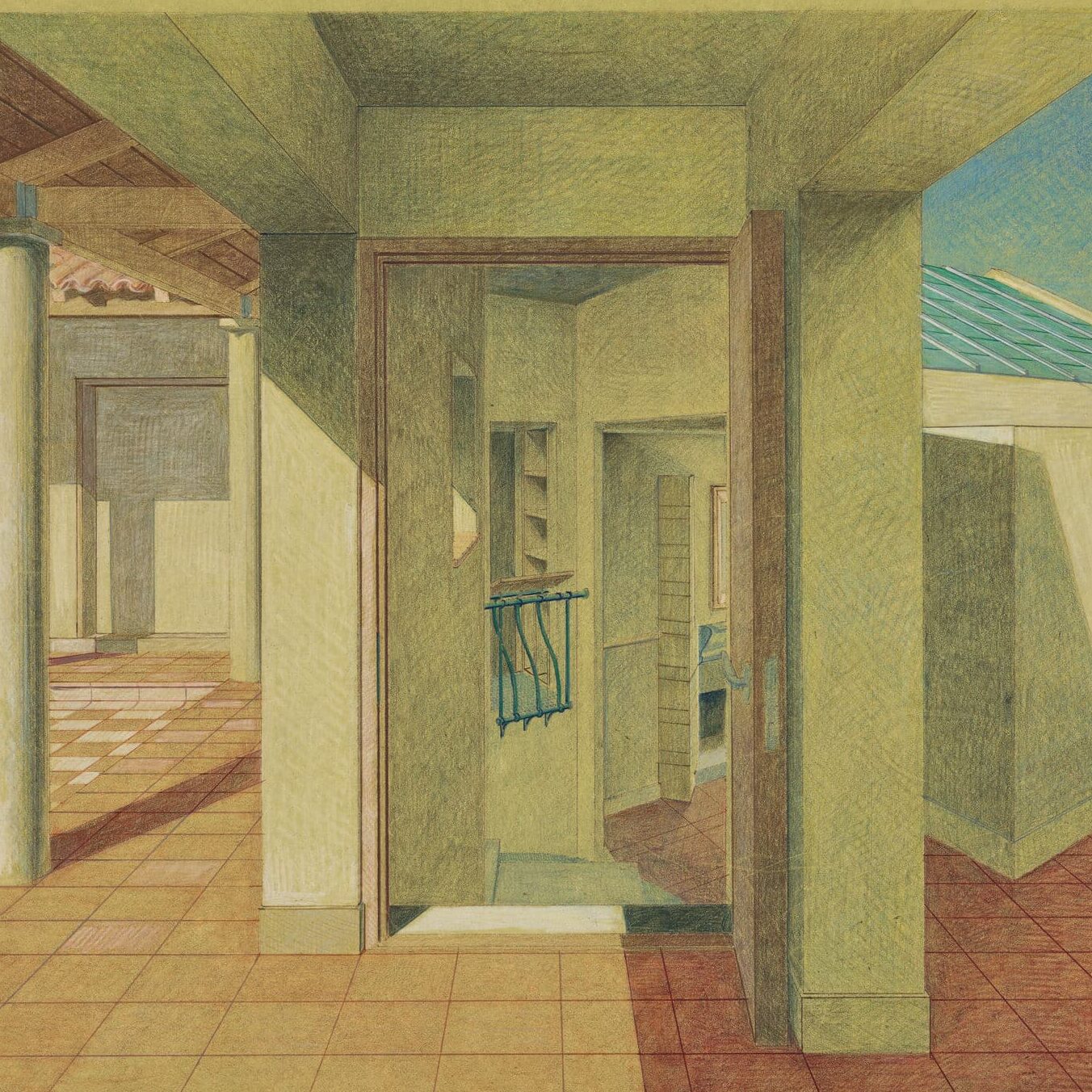 cropped colored pencil drawing of an interior perspective of the house in pergusa