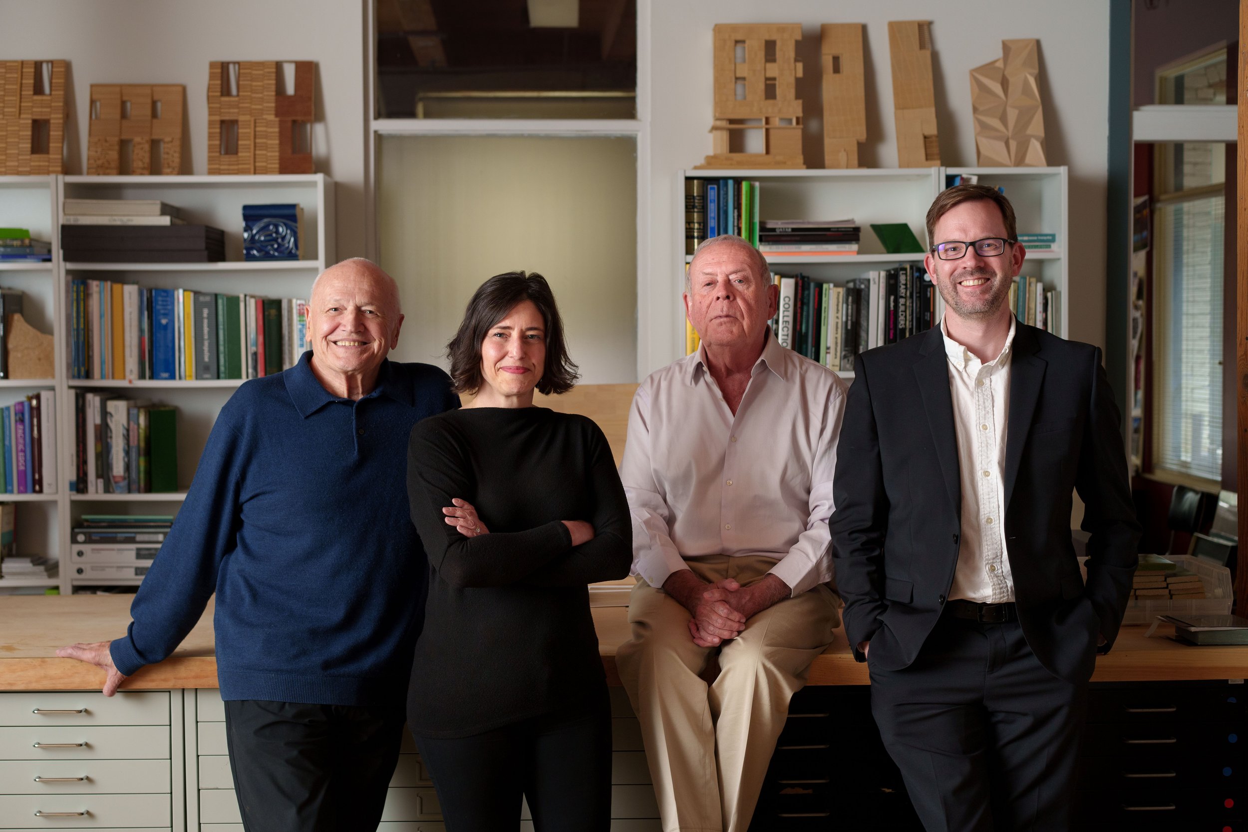 Jorge Silvetti, Stephanie Randazzo Dwyer, Rodolfo Machado, and Jeffry Burchard standing in the Machado Silvetti office.