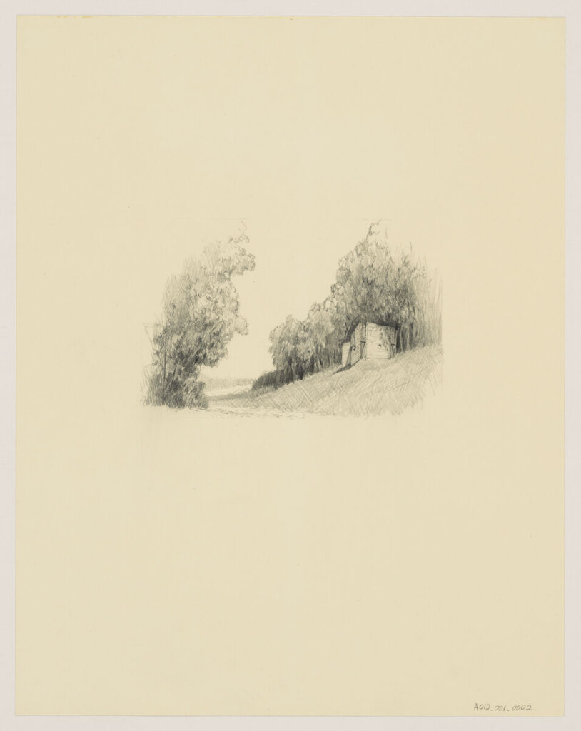 Exterior  perspective graphite drawing of Taberna Ancipitis Formae: A Garden Folly.