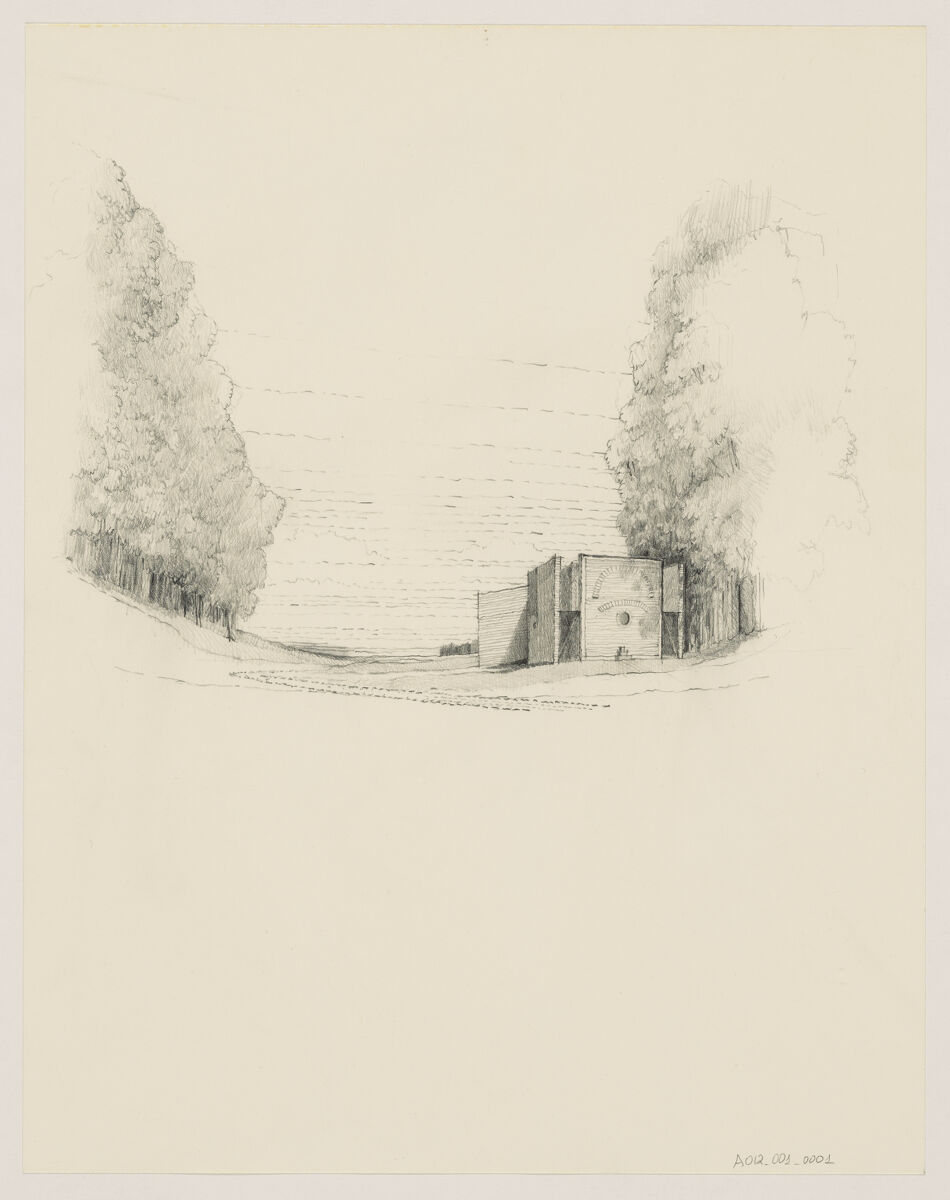 Graphite drawings of exterior perspective of Taberna Ancipitis Formae: A Garden Folly.