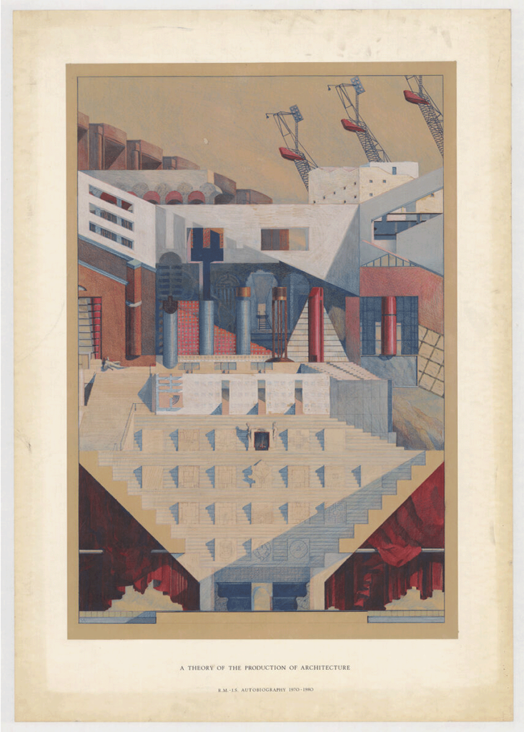 Colored elevation drawing of Theory on the Production of Architecture.