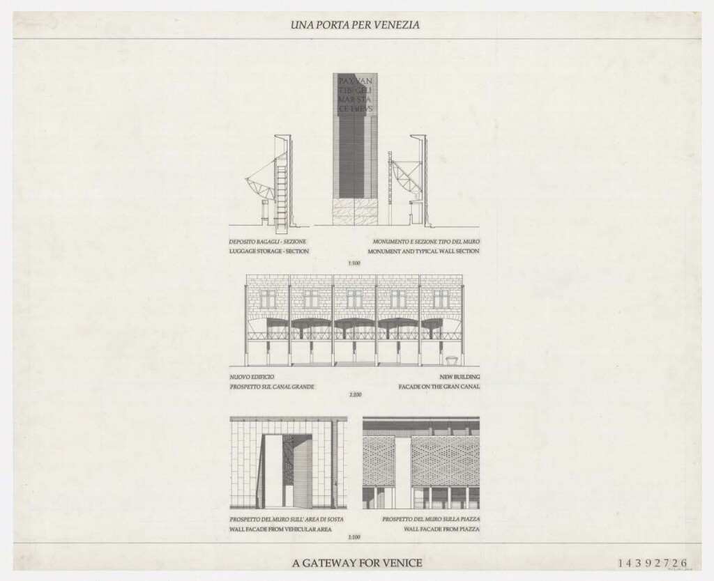 Two building sections and three building elevations of Una Porta per Venezia.