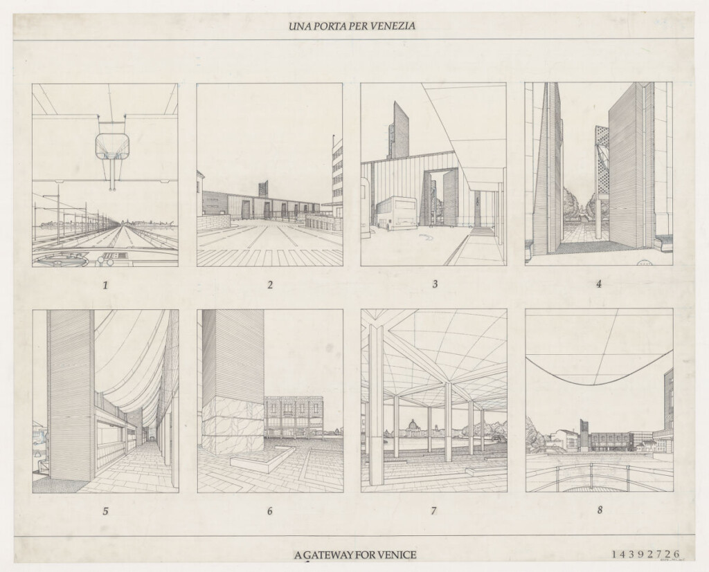Eight exterior perspectives, drawing of Una Porta per Venezia by Nader Tehrani