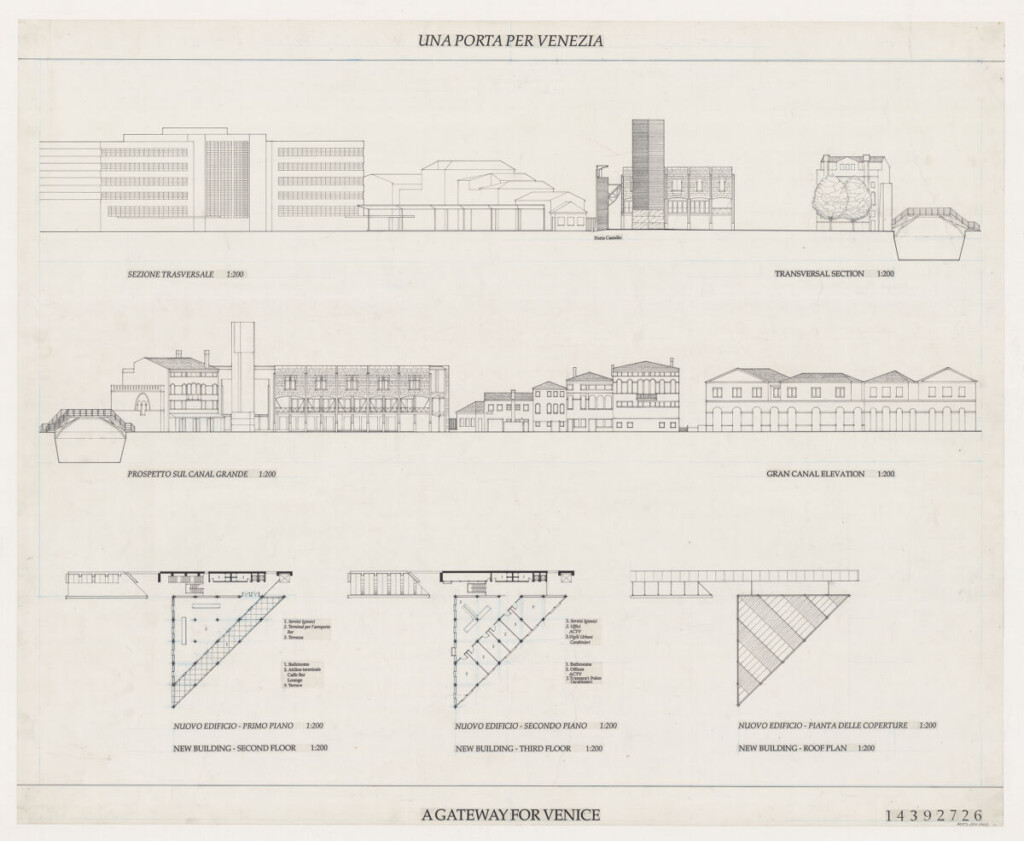 Long section, long elevation, and three floor plans of Una Porta per Venezia