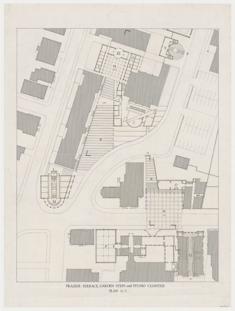 Black ink and letraset drawing of Frazier Terrace, Garden Steps, and Studio Cloister Plan of the Steps of Providence.