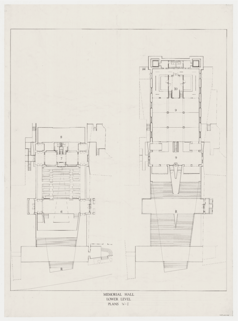 Black ink and letraset memorial hall lower level plans of Steps of Providence.