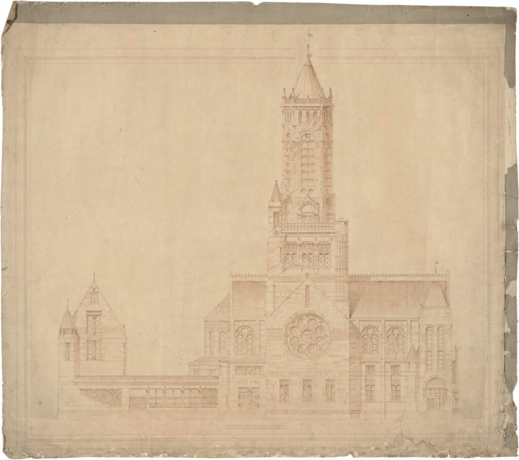 Trinity Church, Boston. North elevation with Parish House and tall octagonal lantern on tower, presentation drawing drawing.