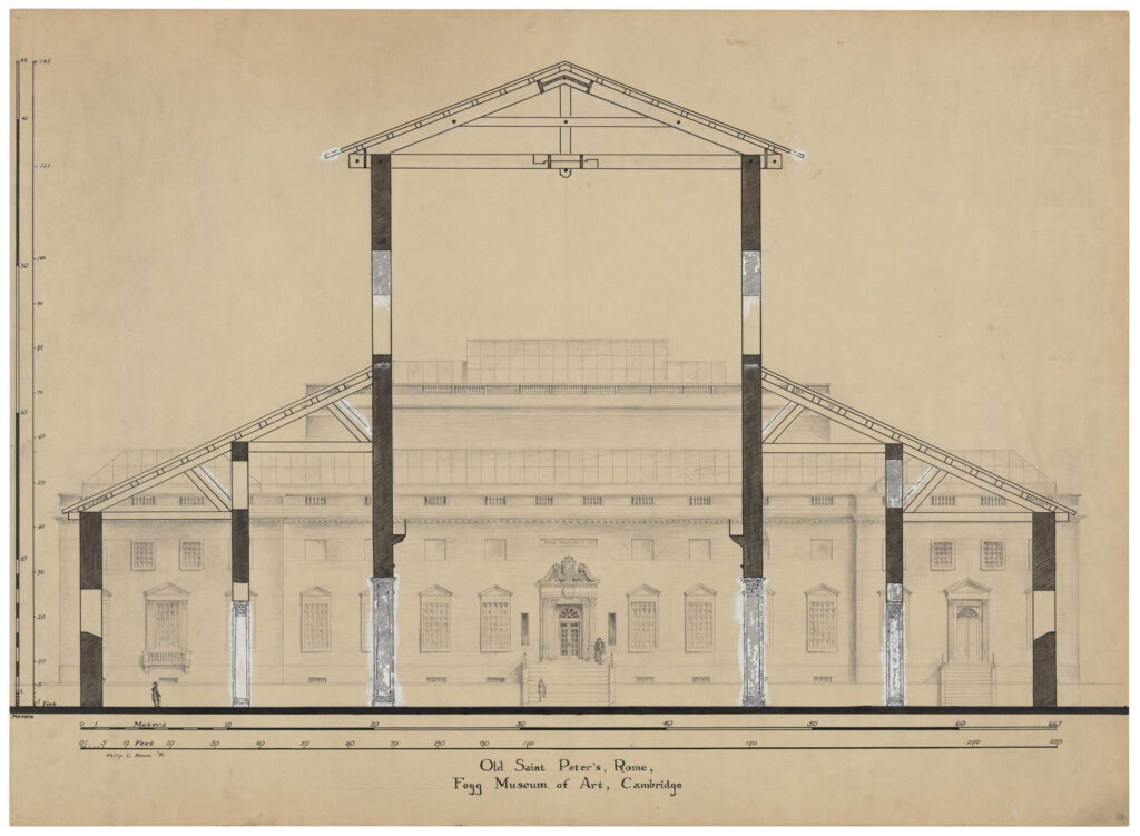 Reconstructed transverse section of Old St. Peter’s, Rome, superimposed on the facade of the Fogg Museum of Art, Cambridge.