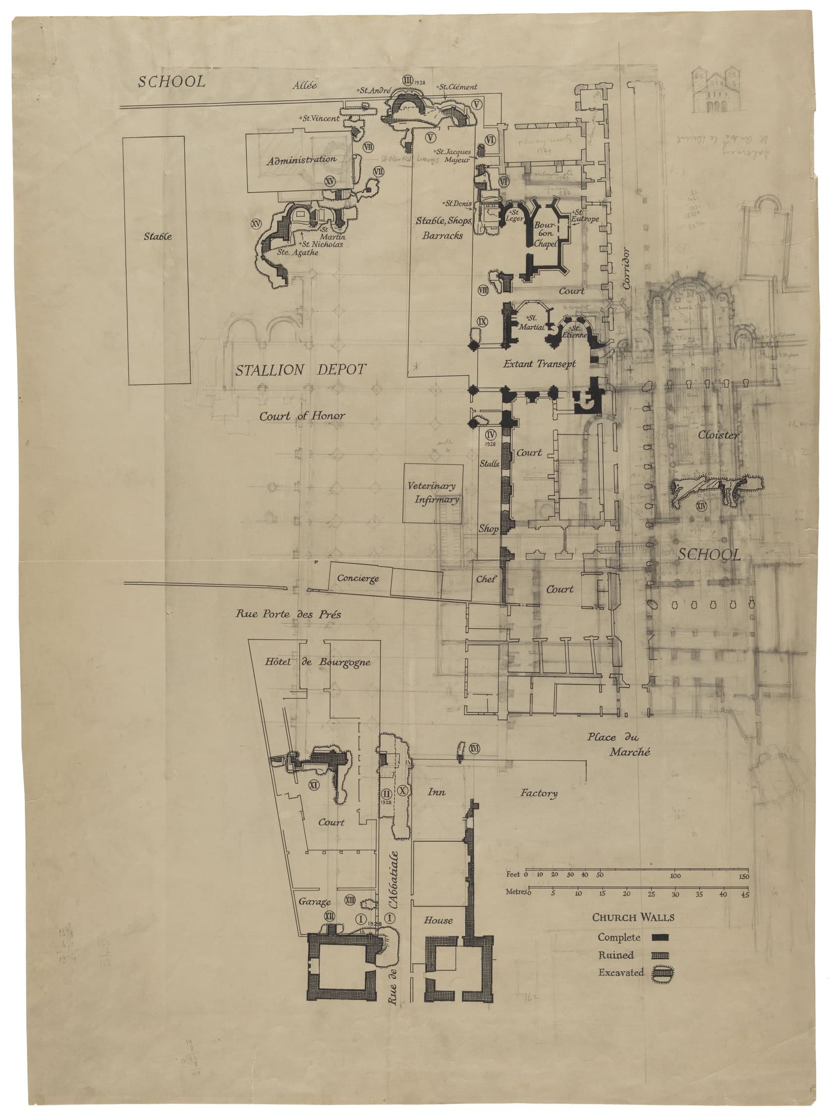 Cluny III showing existing masonry in relation to present structures: the stallion depot, a charter school, a hotel, and houses.