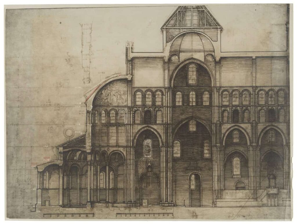 Reconstruction of Cluny III. Longitudinal section from the extreme east end chapel, through the ambulatory, apse, presbytery and south/east transept, and first two choir bays.