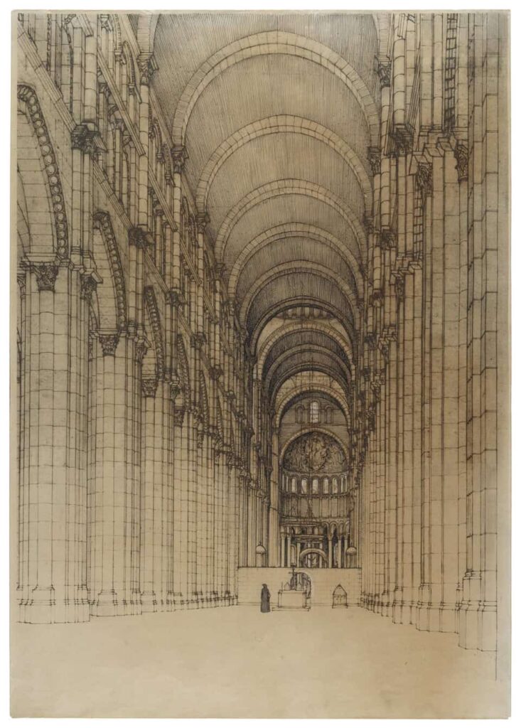 Reconstruction view of Cluny III. View from the seventh bay of the nave towards the apse
Ink, graphite, and whiteout over reprographic print on paper.