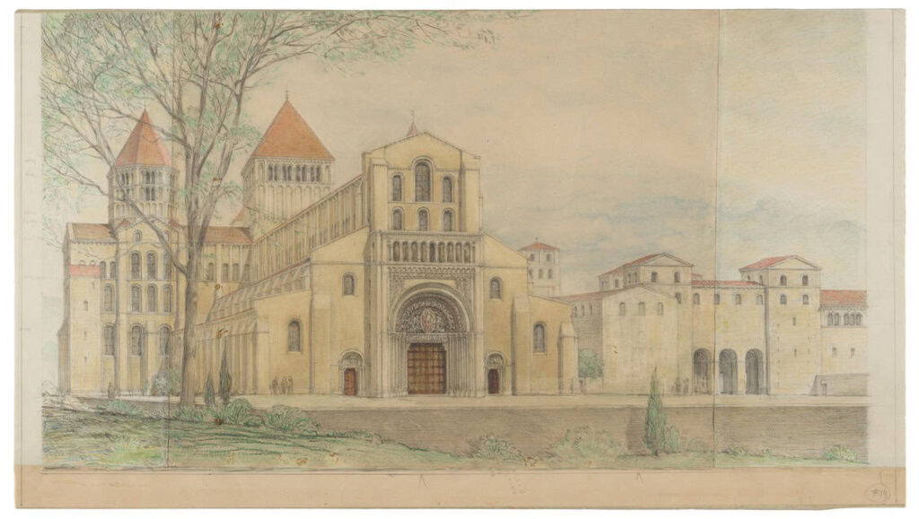 Reconstruction exterior view of Cluny III and adjacent monastic structures Composite collage, graphite, and color pencil over reprographic print on paper.