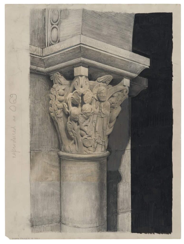 Collage of a photograph of a capital from Cluny with graphite drawing to show the architectural context around and behind it.