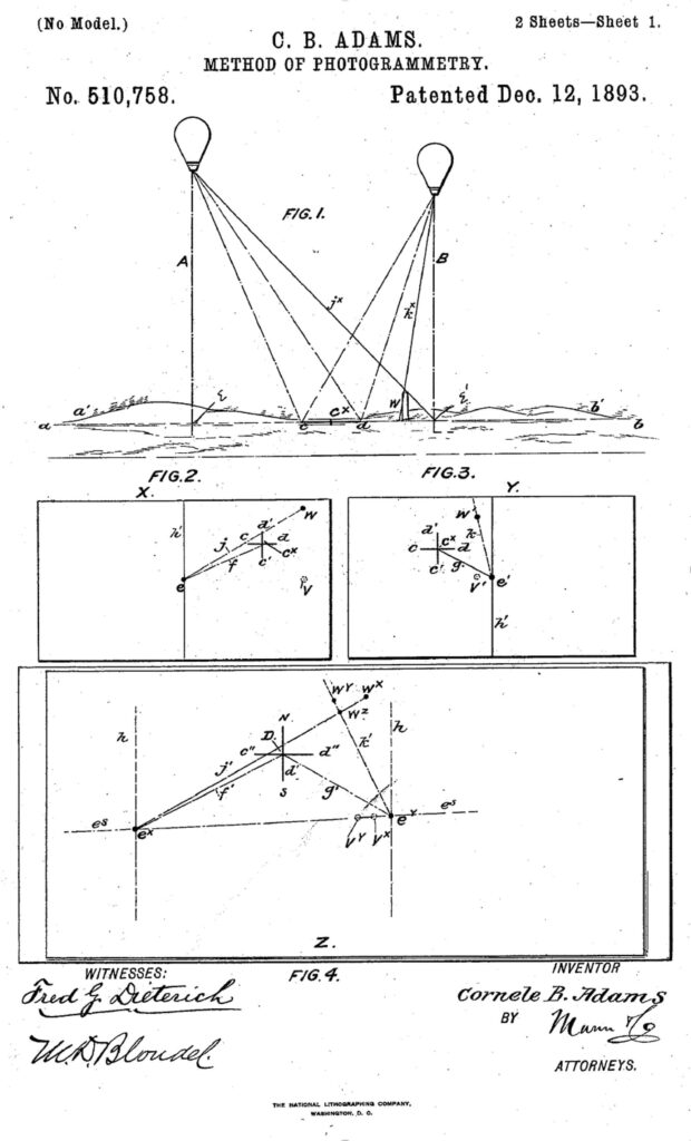 Photogrammetry technique via hot air balloon by O.B. Adams, 1893.