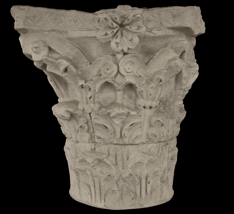 Capital 3. Cast of a capital from the apse hemicycle of the abbey church at Cluny (Cluny III). Figures on the angles perhaps representing the four winds (north, south, east, and west). Only the lower parts of the figures remain on 2, 4, and 8. The subject of the capital is based on identifying what the figure at 6 holds as a bellows.