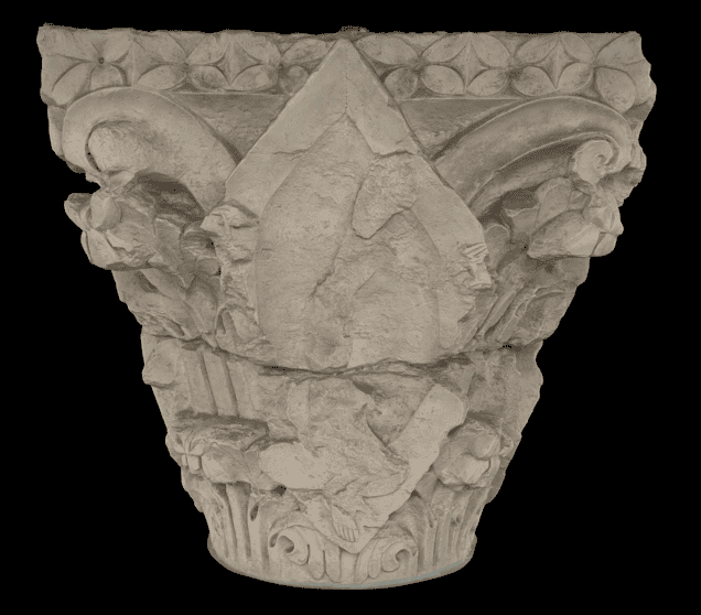 Capital 4. Cast of a capital from the apse hemicycle of the abbey church at Cluny (Cluny III). Four standing figures in hexagonal mandorlas represent the three Theological Virtues (Faith, Hope, and Charity) and one Cardinal Virtue, Justice. 1) only one foot remains, but the silhouette shows the figure holding something on a vertical cord, probably the scales of justice; 3) woman with an open coffer, Charity; 5) woman with bent legs and hands out, perhaps in prayer, Faith; and 7) woman holding a flowering baton, Hope.