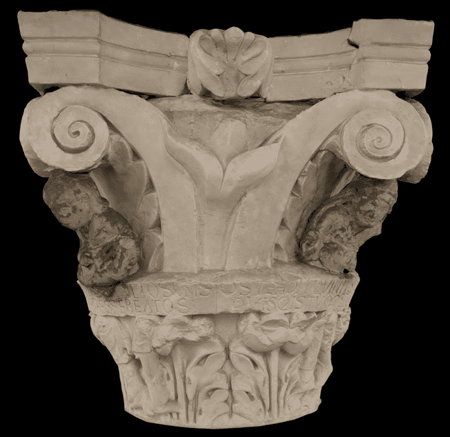 Capital 8. Cast of a capital from the apse hemicycle of the abbey church at Cluny (Cluny III), representing the last four tones of plain chant on the angles. Only the legs remain of the figures at 2 and 8: for these, Conant inserted plaster upper bodies. 4) is missing his head, but his instrument, a monochord, zither, or dulcimer, remains; 6) has a right arm (perhaps a horn or flute player?)but the rest of his torso is gone. The subject of the capital is identified by the inscriptions on a horizontal band.
