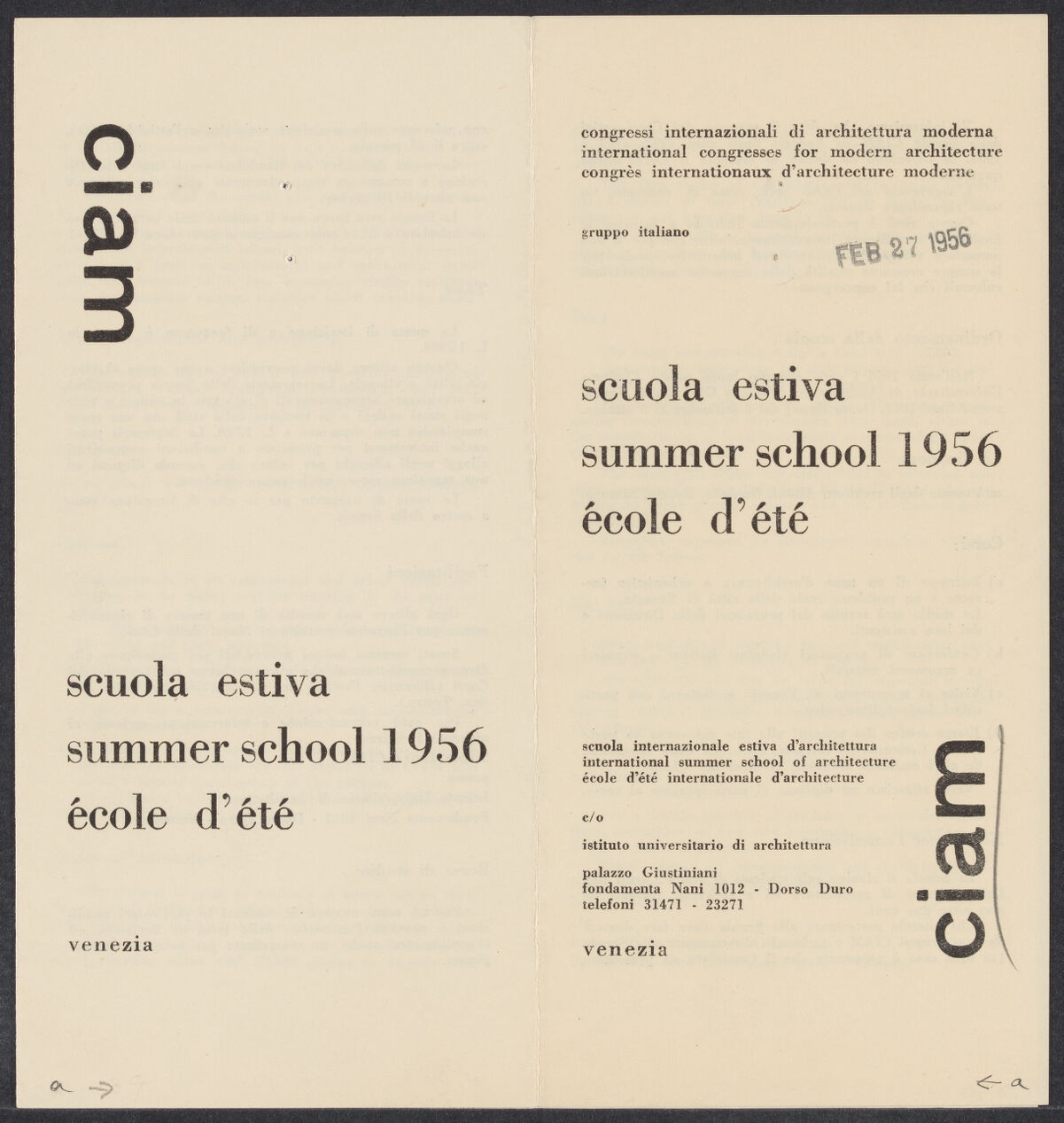 Pamphlet cover for promotional brochure of CIAM Summer school in 1956.