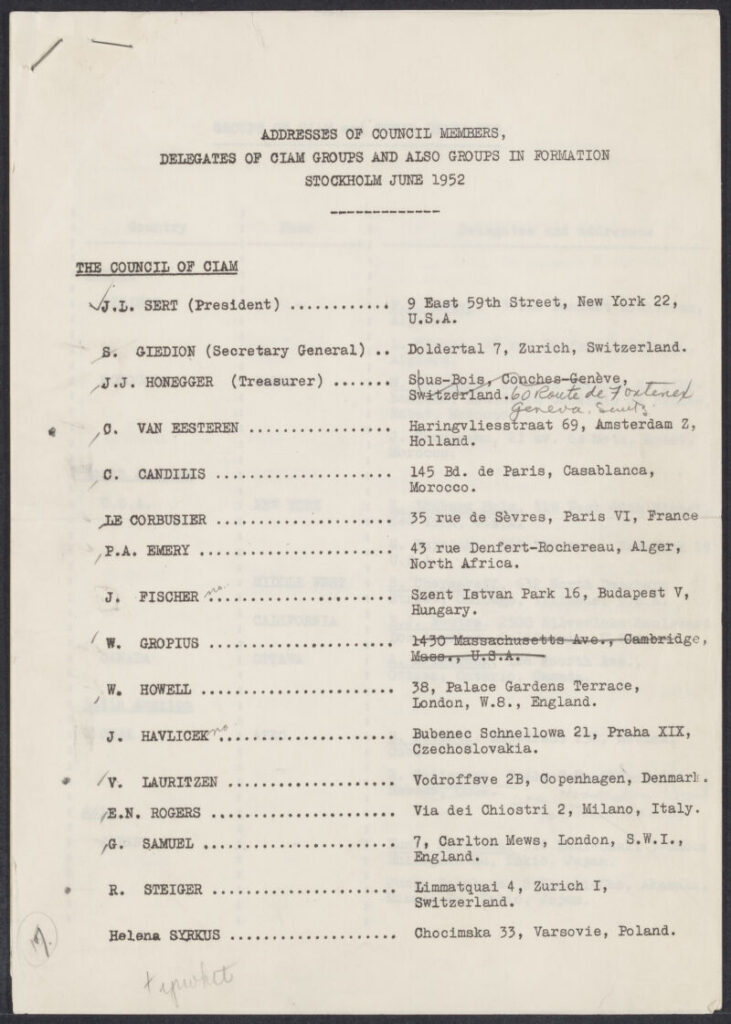 Addresses of council members, delegates, of CIAM groups and also groups in formation.