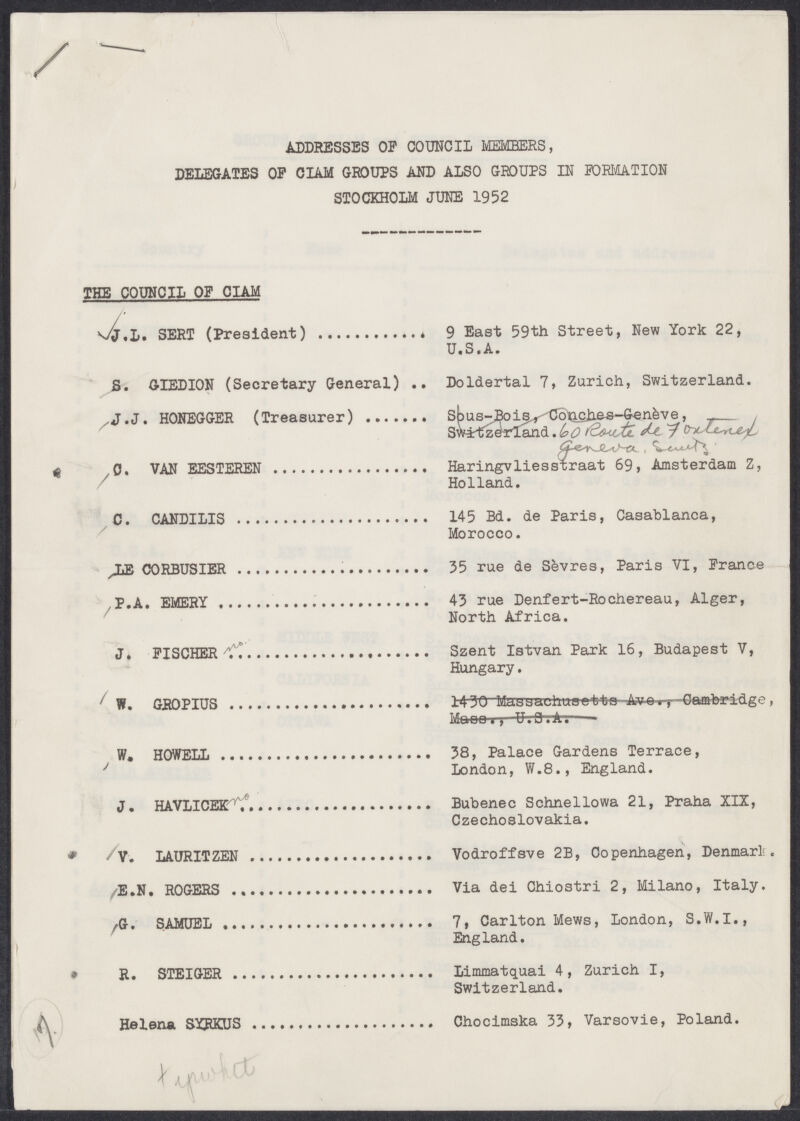 Addresses of CIAM council members, 1952.