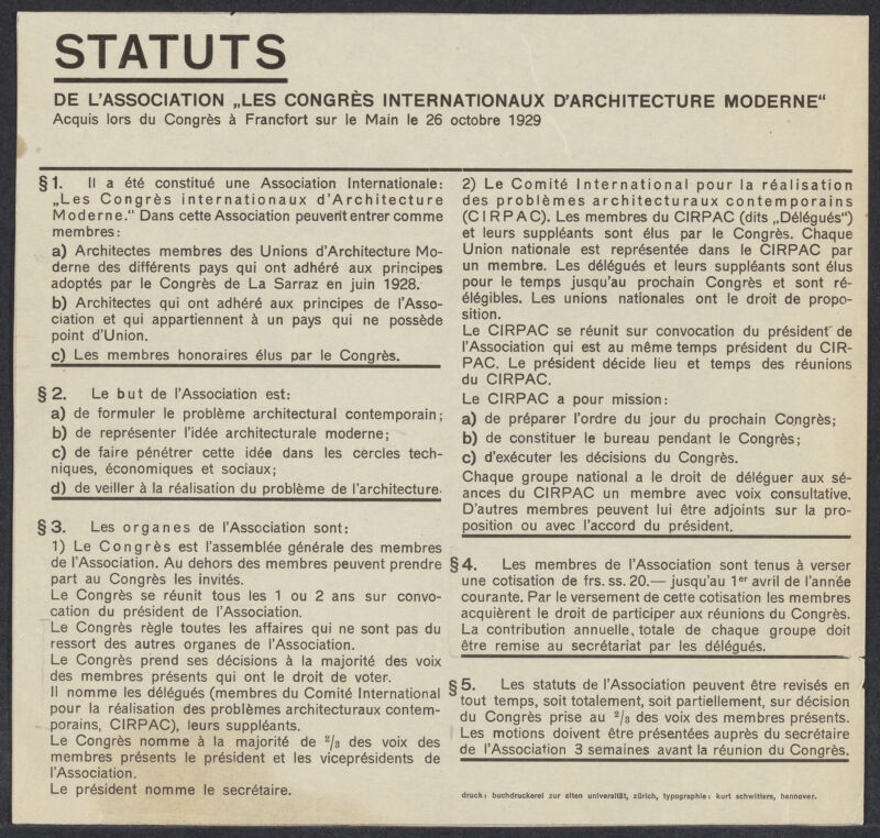 Statutes of the Association of CIAM Acquired at the Frankfurt Congress.