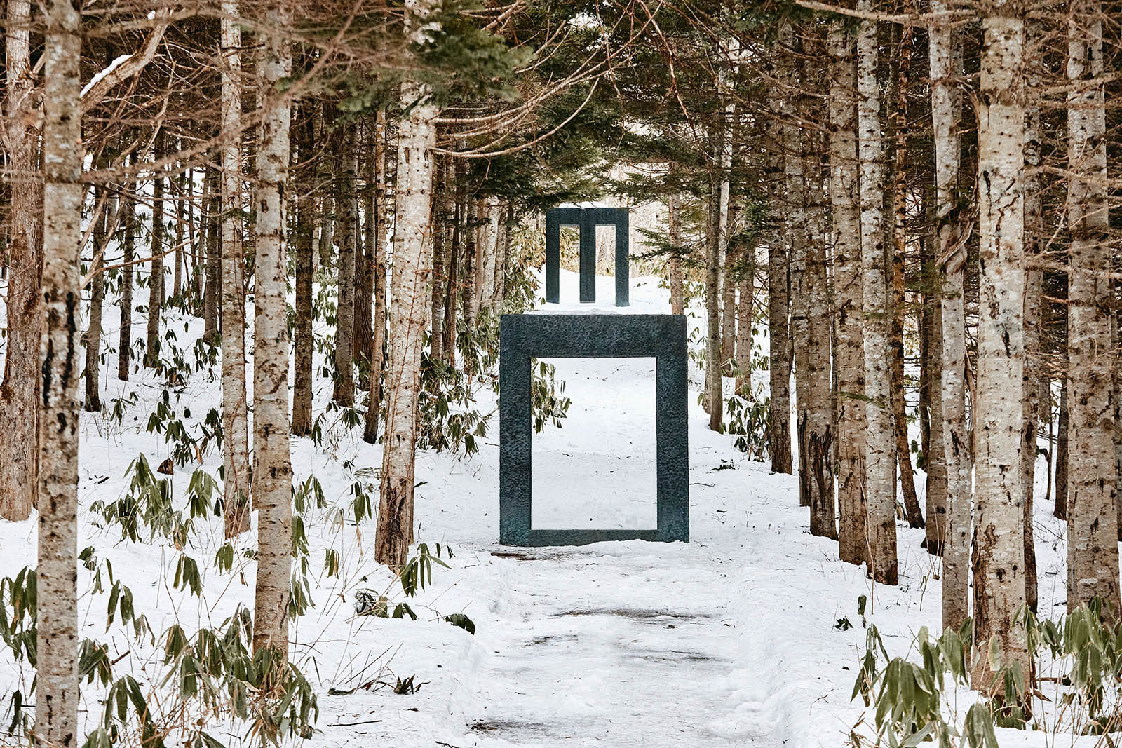 A photo of sculptures in a snowy forest