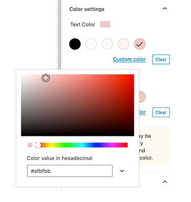 The custom color picker popup for the customized color setting controls
