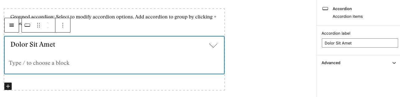 Screenshot of the accordion editor. The accordion label is filled in but no blocks have been added yet.