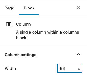 A screenshot of the Block Setting field for changing the column width. The field is an open text field where editors can add a percentage. The percentage written in the field is 66%.