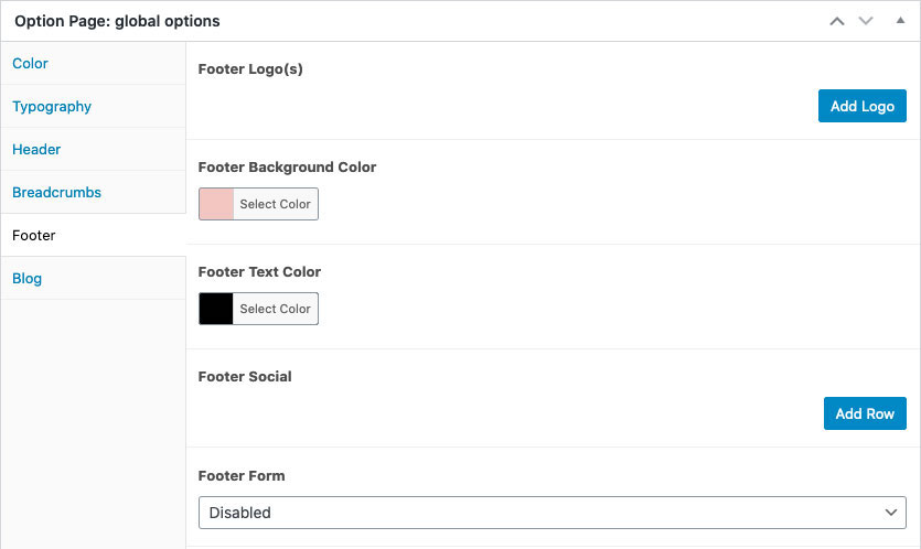 A screenshot of the footer settings in the global options page.