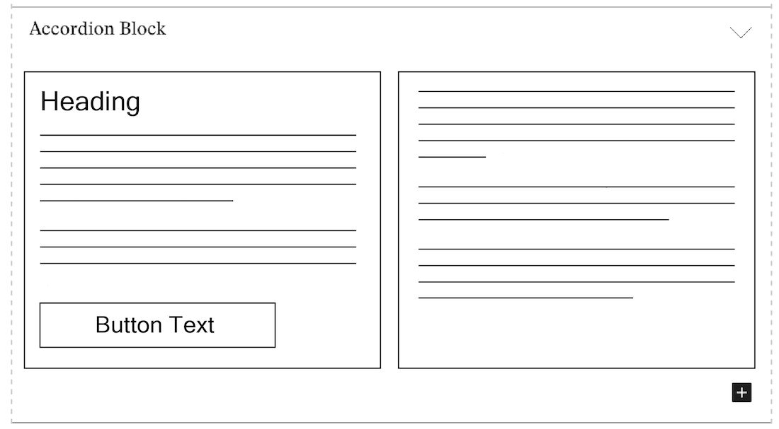 Wireframe of an accordion block with two columns inside of it.