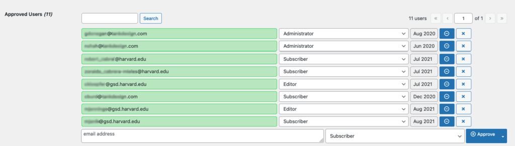 Screenshot of the Authorizer plugin screen, with rows listing approved users. The email address is in green, and to its left is the user's role and the date they were added.