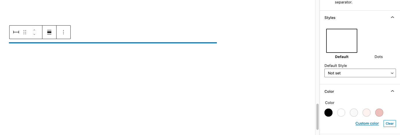 Screenshot of the default separator block. This includes the style and color options in the Block Settings panel. The block toolbar hovers above the block.