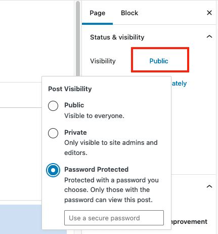 Screenshot of WordPress "Status and Visibility" panel with password protection settings open.