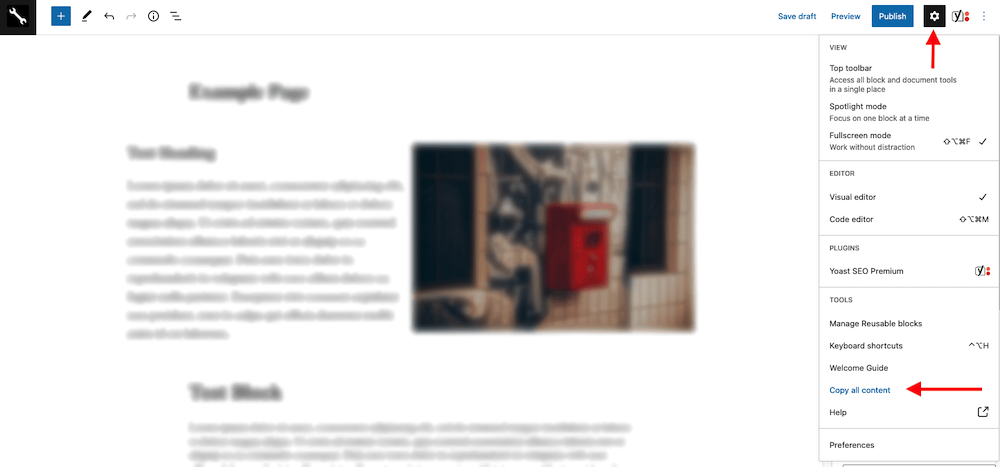 Screenshot of Gutenberg Page Settings panel with arrow pointing to "Copy all content" option.
