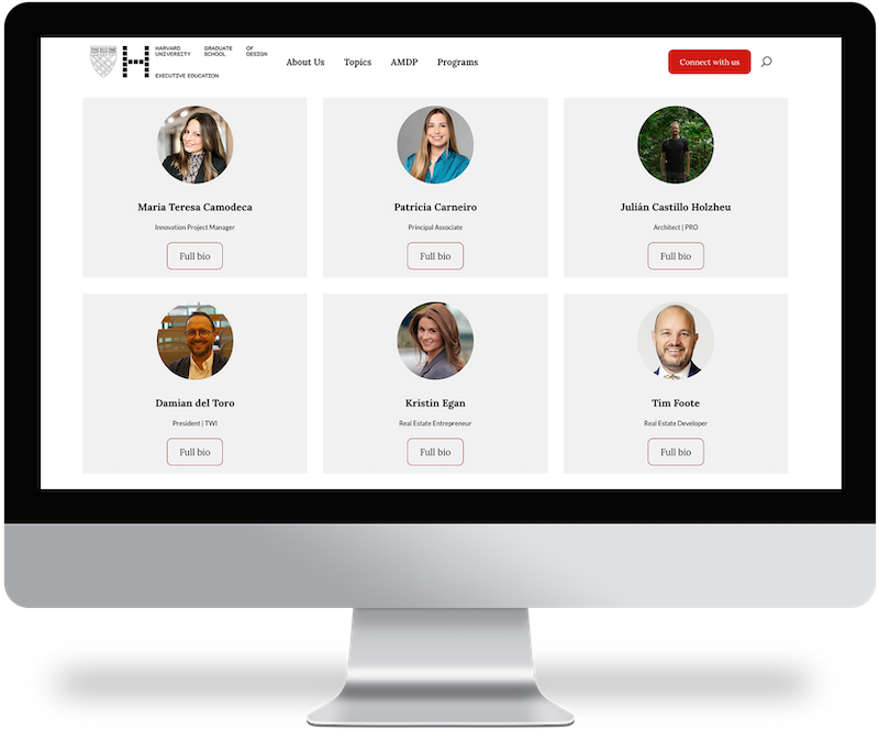 Screenshot of the GSD's Executive Education site, showing six panels, each containing a program participant's headshot, name, and link to their bio.